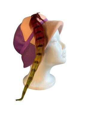 Ladies Pink and Purple Wool Hat with Long Feather Accent Vintage